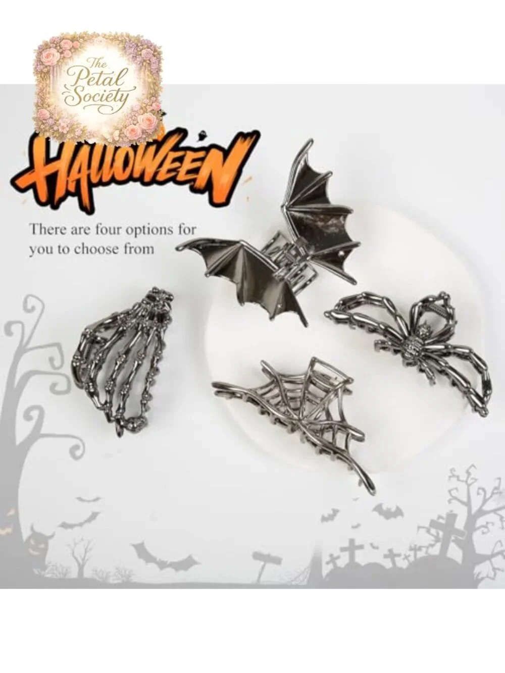 4 Piece Gothic Hair Clips Metal Skull Bat Spider Web Claw Clips